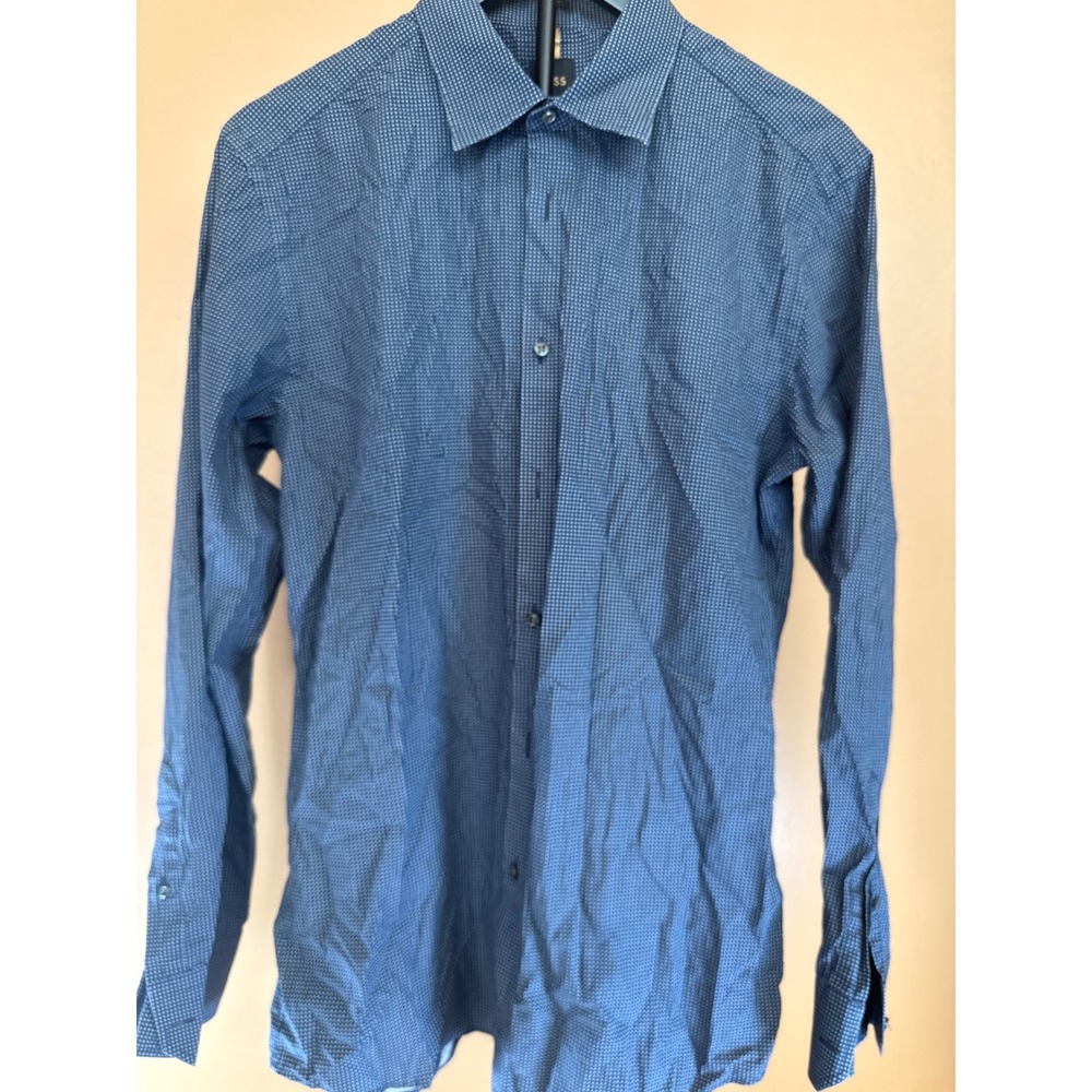 Hugo Boss Mens Slim Fit Navy Blue Micro Dot Button Down Shirt Size 42 L 16.5